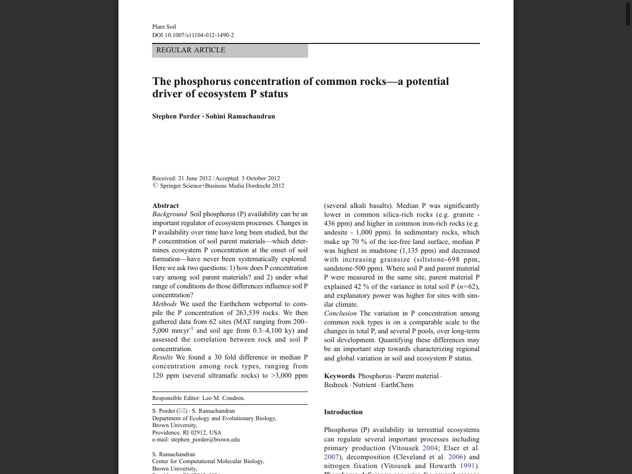 Preview of The phosphorus concentration of common rocks—a potential driver of ecosystem P status - Brown University, accessed July 21, 2025,
