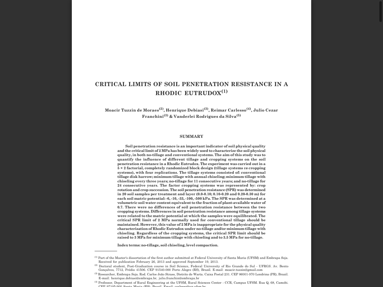 Preview of CRITICAL LIMITS OF SOIL PENETRATION RESISTANCE ... - Scielo