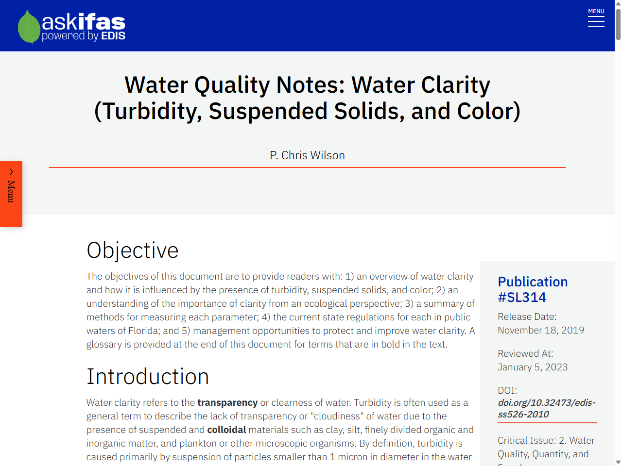 Preview of SL314/SS526: Water Quality Notes: Water Clarity (Turbidity, Suspended Solids, and Color) - UF/IFAS EDIS, accessed August 12, 2025,