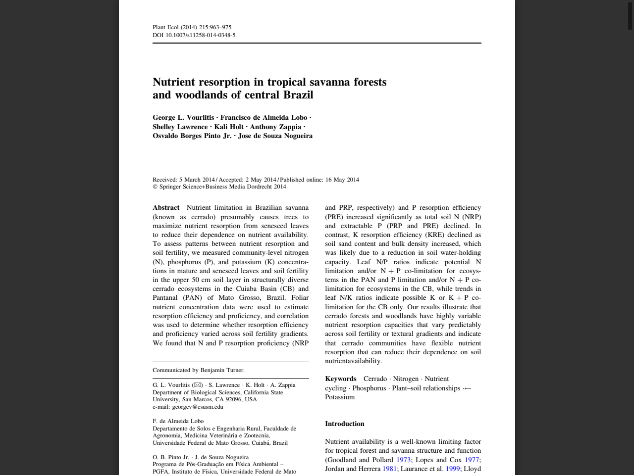 Preview of Nutrient resorption in tropical savanna forests and woodlands of central Brazil - CSUSM, accessed May 20, 2025