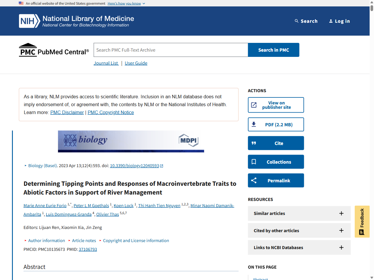 Preview of Determining Tipping Points and Responses of Macroinvertebrate Traits to Abiotic Factors in Support of River Management - PubMed Central, accessed July 16, 2025,