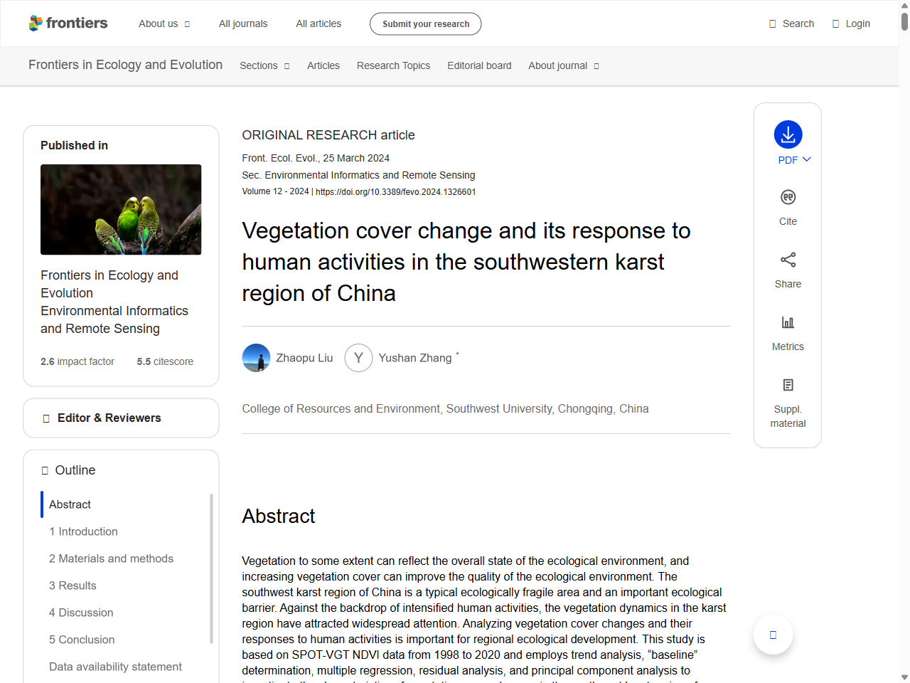 Preview of Vegetation cover change and its response to human activities in the southwestern karst region of China - Frontiers, accessed July 27, 2025