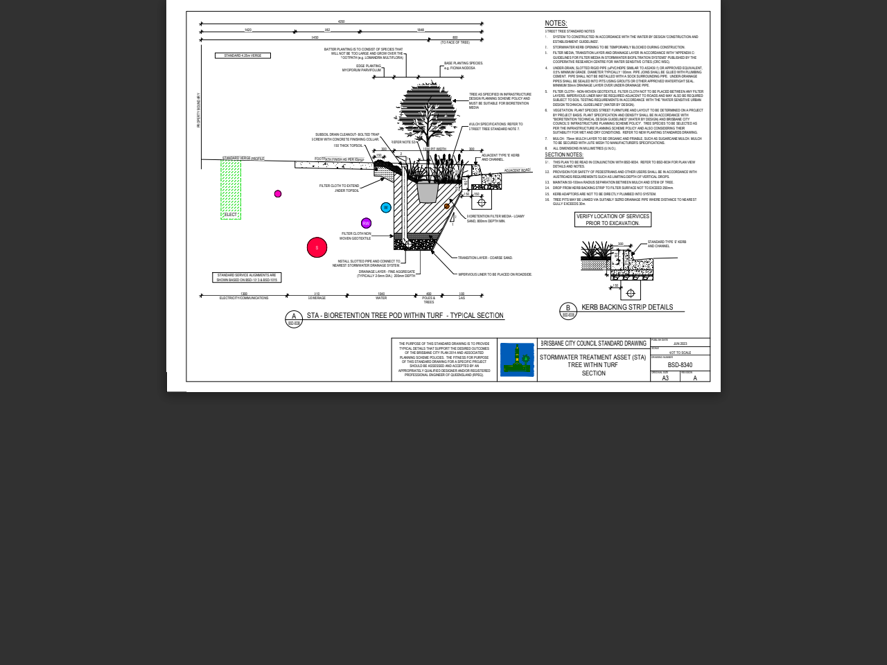 Preview of Brisbane City Council Standard Drawing BSD-8340: Stormwater Treatment Asset (STA) Tree Within Turf - Section