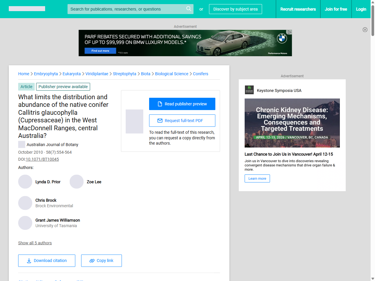 Preview of What limits the distribution and abundance of the native conifer Callitris glaucophylla (Cupressaceae) in the West MacDonnell Ranges, central Australia? | Request PDF - ResearchGate