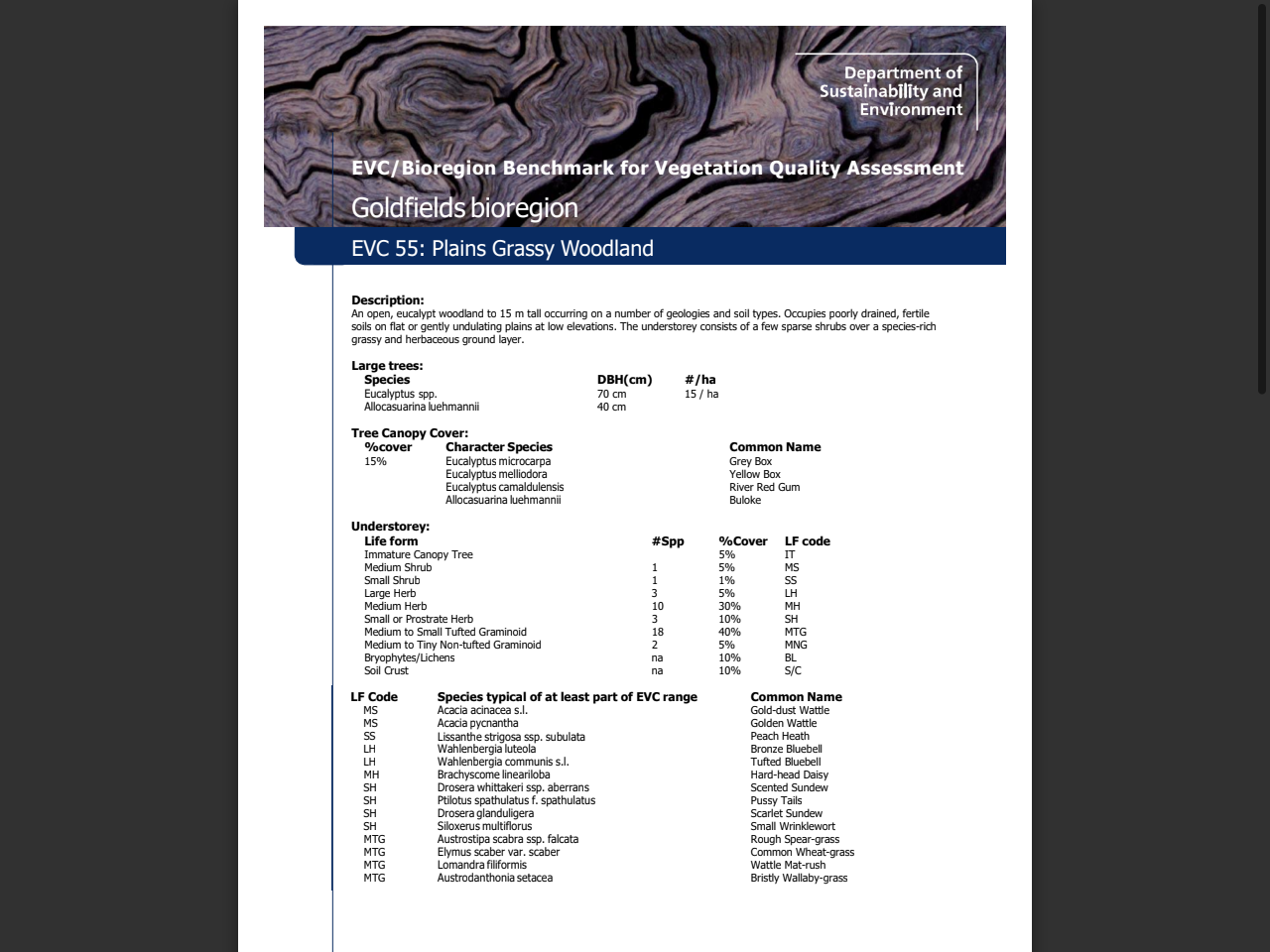Preview of EVC 55: Plains Grassy Woodland - Goldfields bioregion benchmark document