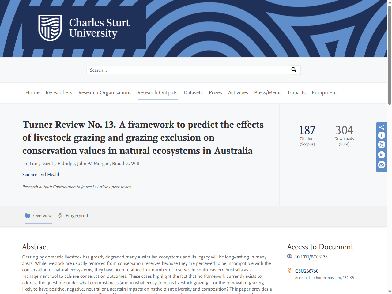 Preview of Turner Review No. 13. A framework to predict the effects of livestock grazing and grazing exclusion on conservation values in natural ecosystems in Australia - Charles Sturt University Research Output, accessed August 6, 2025, 