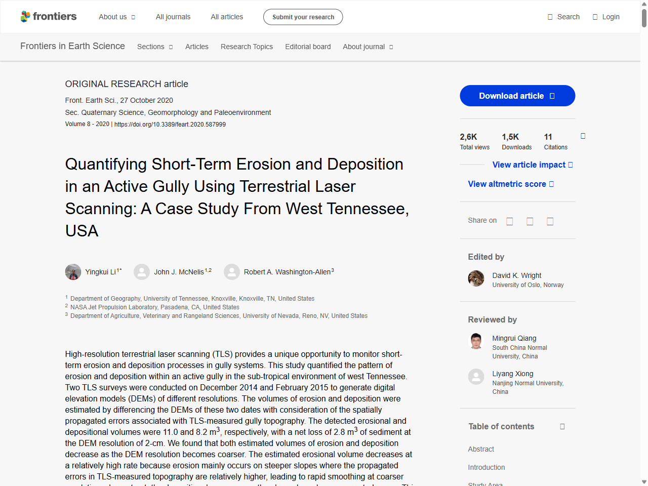 Preview of Quantifying Short-Term Erosion and Deposition in an Active Gully Using Terrestrial Laser Scanning: A Case Study From West Tennessee, USA - Frontiers, accessed May 13, 2025