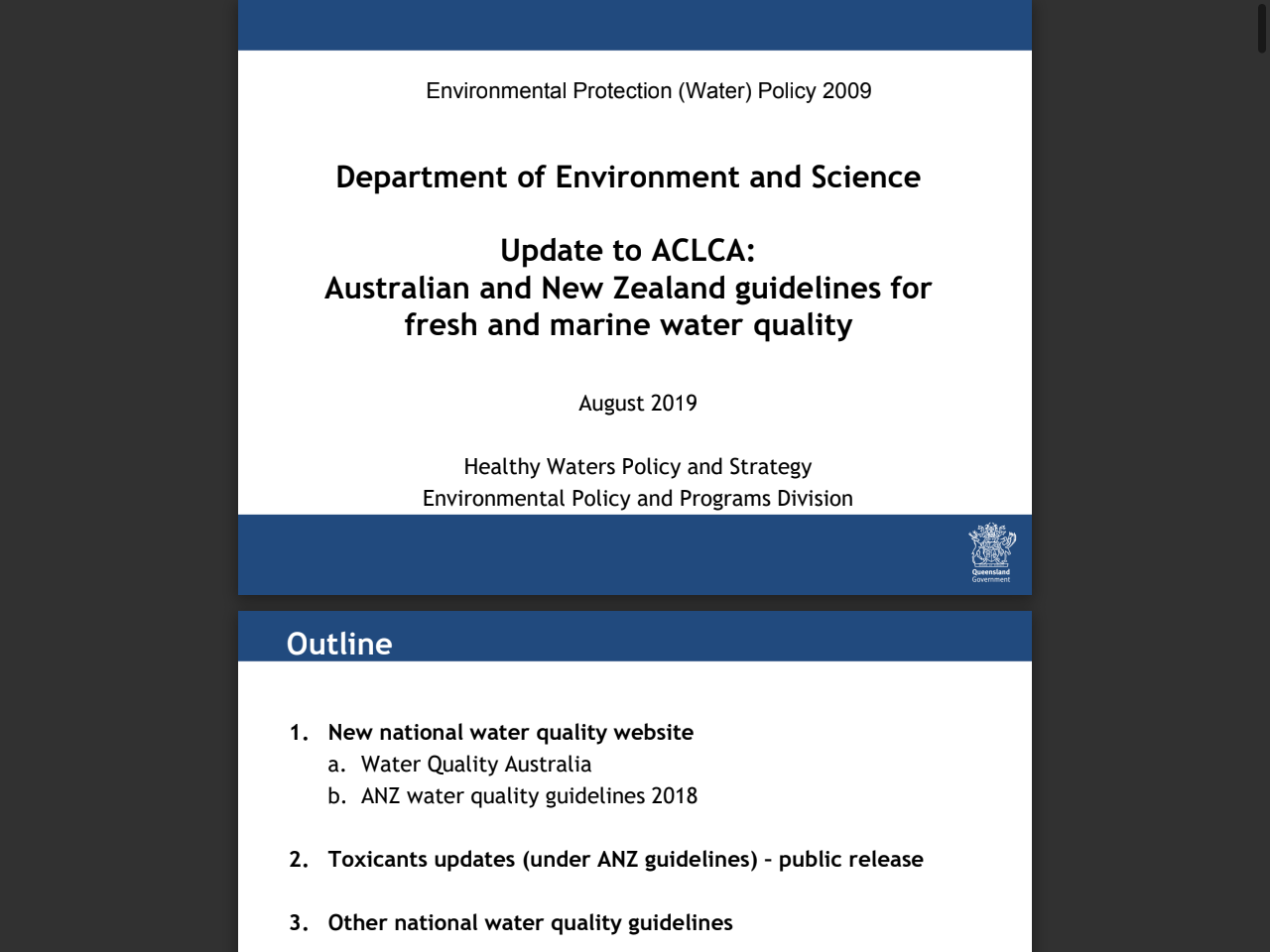 Preview of Australian and New Zealand Governments (ANZG). (2018). Australian and New Zealand Guidelines for Fresh and Marine Water Quality. Canberra ACT, Australia. 32
