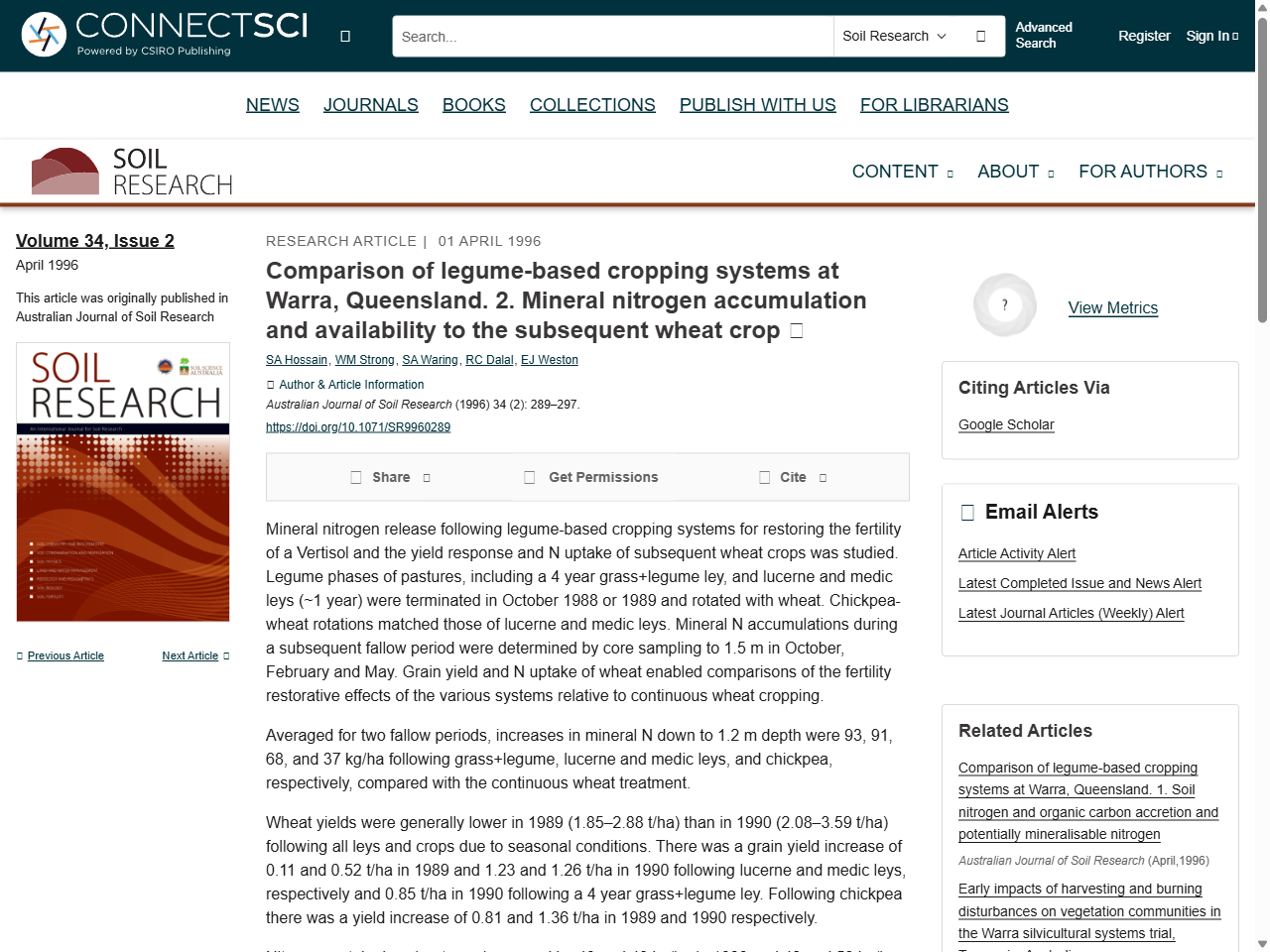 Preview of Comparison of legume-based cropping systems at Warra, Queensland. I. Soil nitrogen and organic carbon accretion and potentially mineralisable nitrogen.