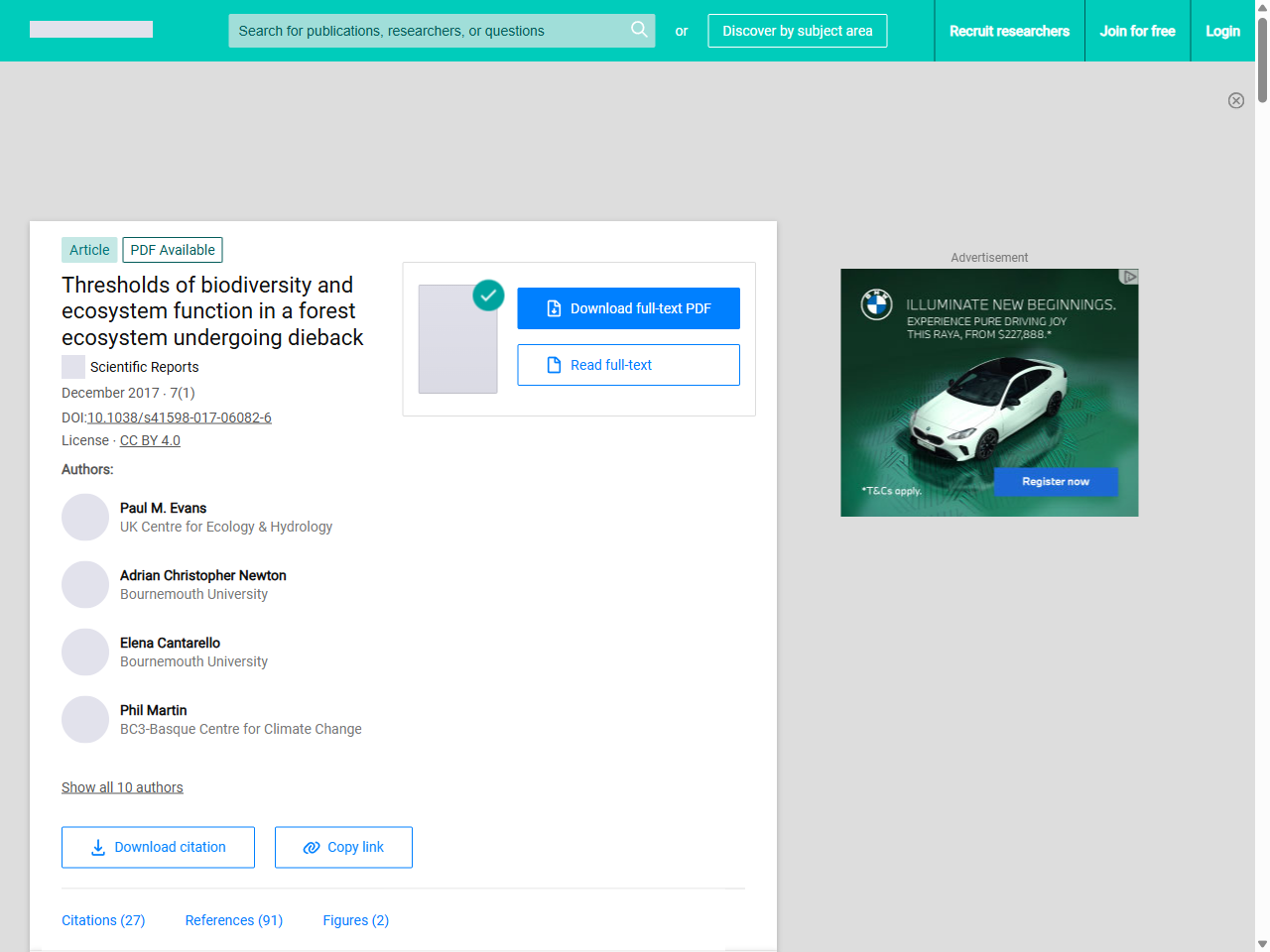Preview of Hester, A. J., Pakeman, R. J., Harrison, S., & Ross, L. C. (2017). Thresholds of biodiversity and ecosystem function in a forest ecosystem undergoing dieback. Scientific Reports, 7, 6775.