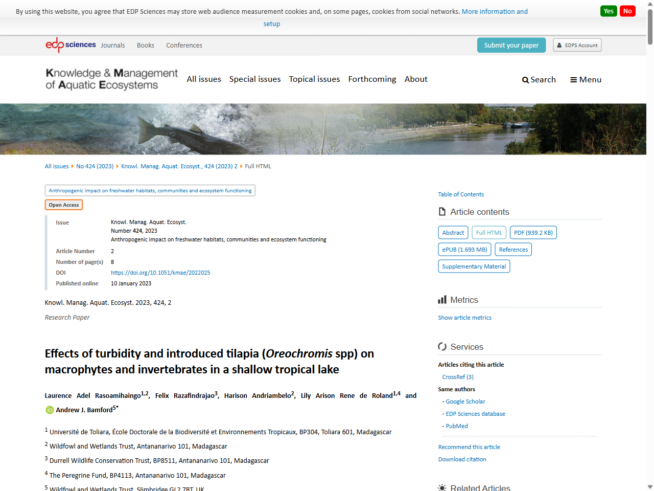 Preview of Effects of turbidity and introduced tilapia (Oreochromis spp) on macrophytes and invertebrates in a shallow tropical lake | Knowledge and Management of Aquatic Ecosystems, accessed July 24, 2025