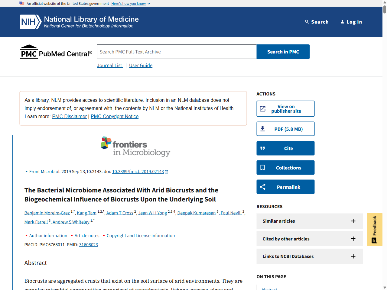 Preview of The Bacterial Microbiome Associated With Arid Biocrusts and the Biogeochemical Influence of Biocrusts Upon the Underlying Soil - PMC - PubMed Central, accessed July 27, 2025