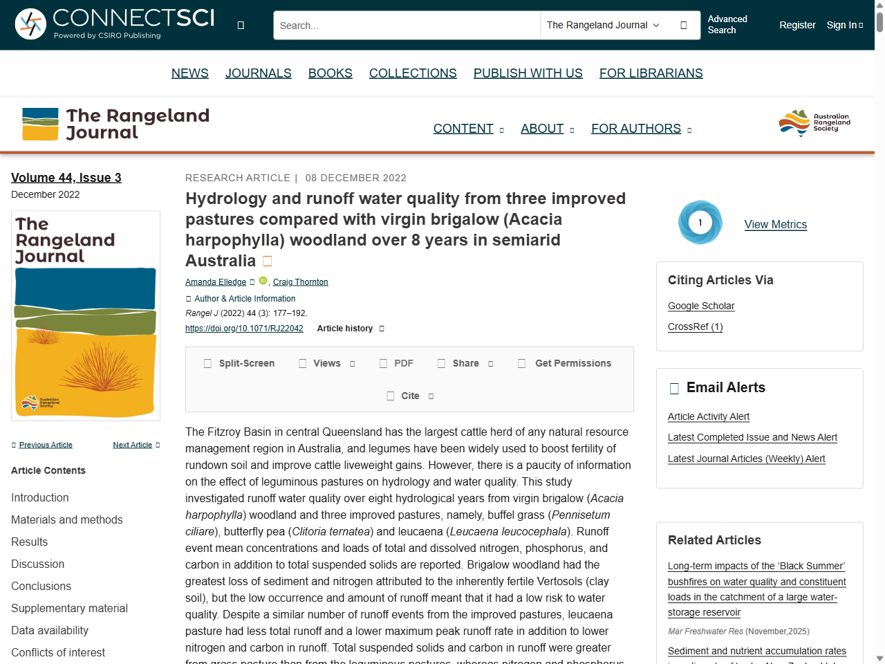 Preview of Hydrology and runoff water quality from three improved pastures compared with virgin brigalow (Acacia harpophylla) woodland over 8 years in semiarid Australia - CSIRO Publishing