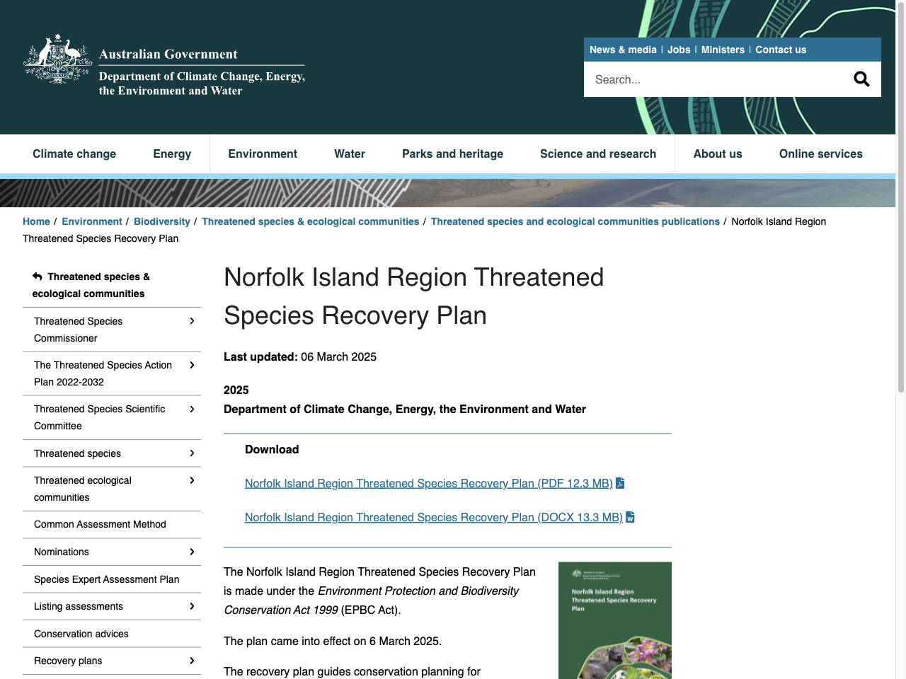 Preview of Norfolk Island Region Threatened Species Recovery Plan