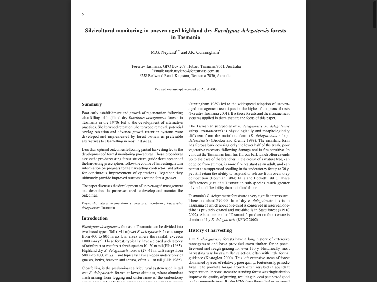 Preview of Silvicultural monitoring in uneven-aged highland dry Eucalyptus delegatensis forests in Tasmania