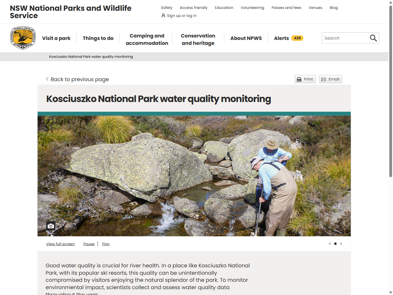 Preview of Kosciuszko National Park water quality monitoring, accessed August 12, 2025,