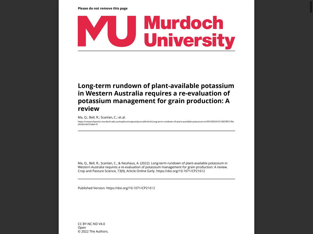 Preview of Long-term rundown of plant-available potassium in Western Australia requires a re-evaluation of potassium management for grain p - Murdoch Research Portal