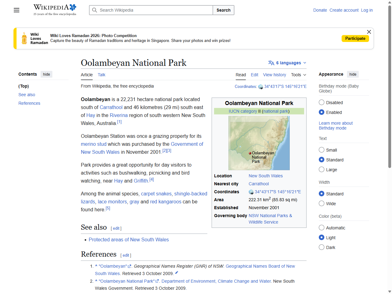 Preview of Oolambeyan National Park - Wikipedia, accessed July 16, 2025,