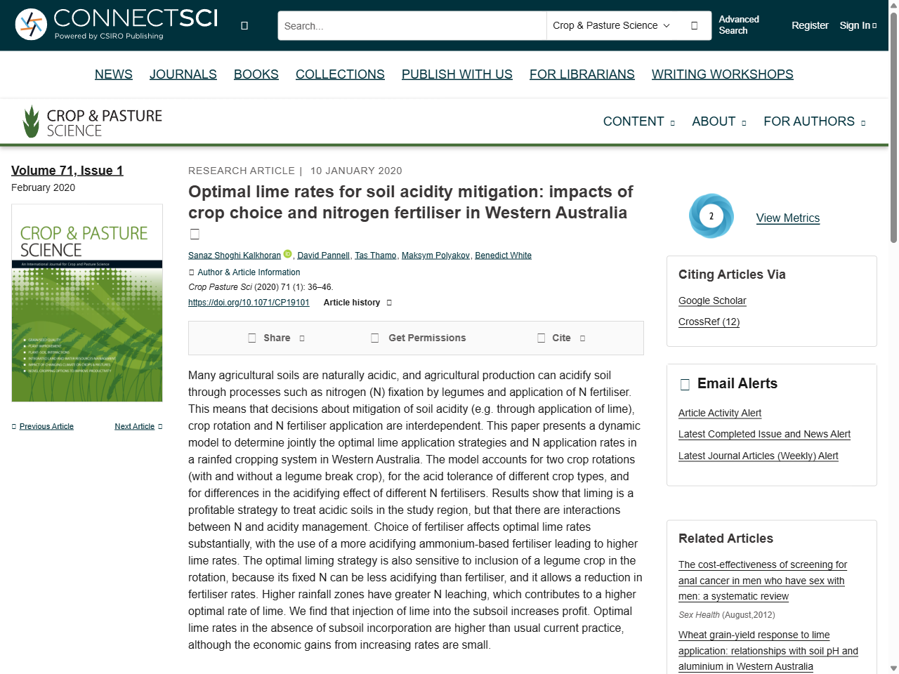 Preview of Optimal lime rates for soil acidity mitigation: impacts of crop choice and nitrogen fertiliser in Western Australia - CSIRO Publishing
