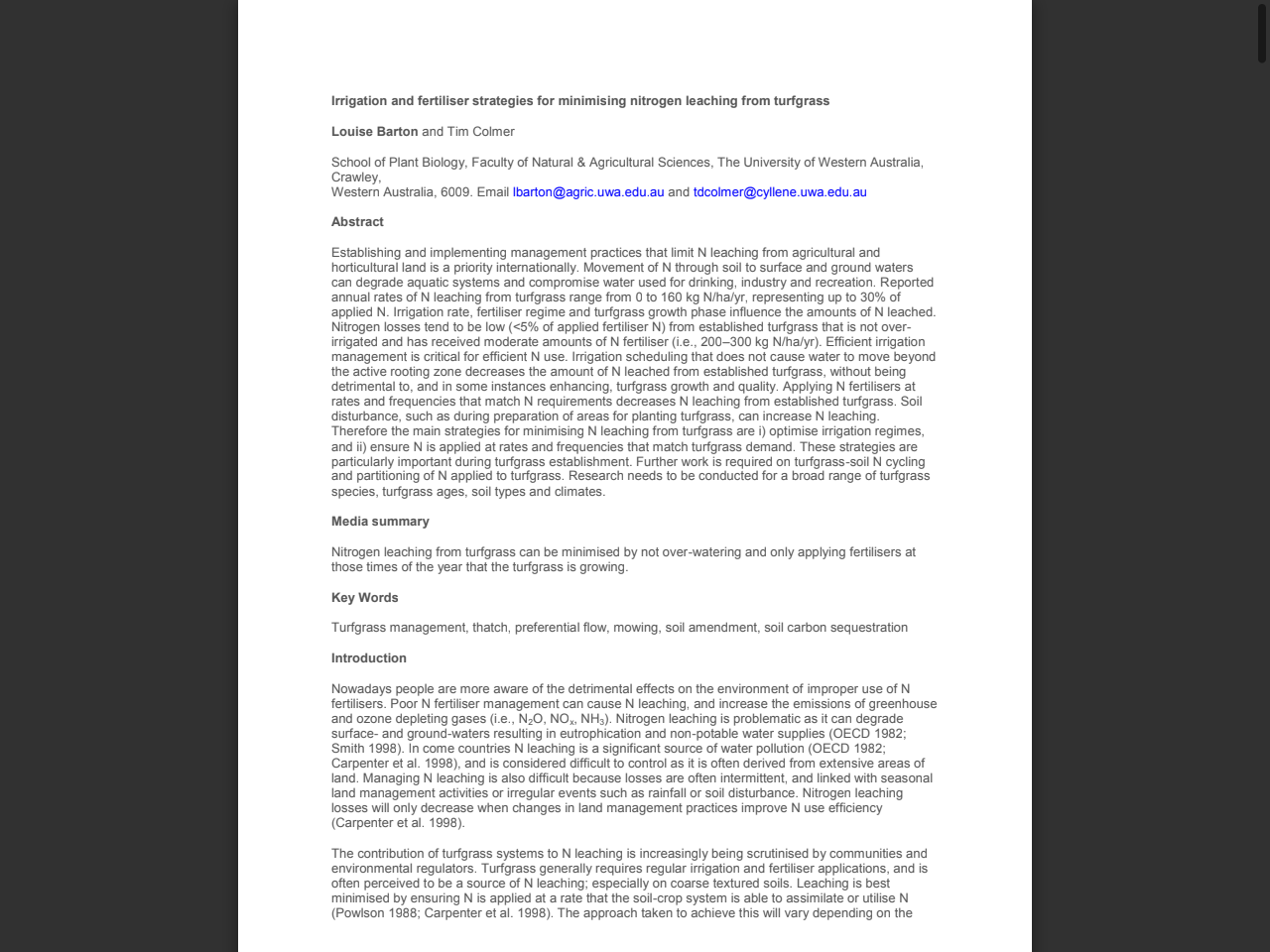 Preview of Irrigation and fertiliser strategies for minimising nitrogen leaching from turfgrass Louise Barton and Tim Colmer School of Plan - Agronomy Australia Proceedings, accessed on May 31, 2025