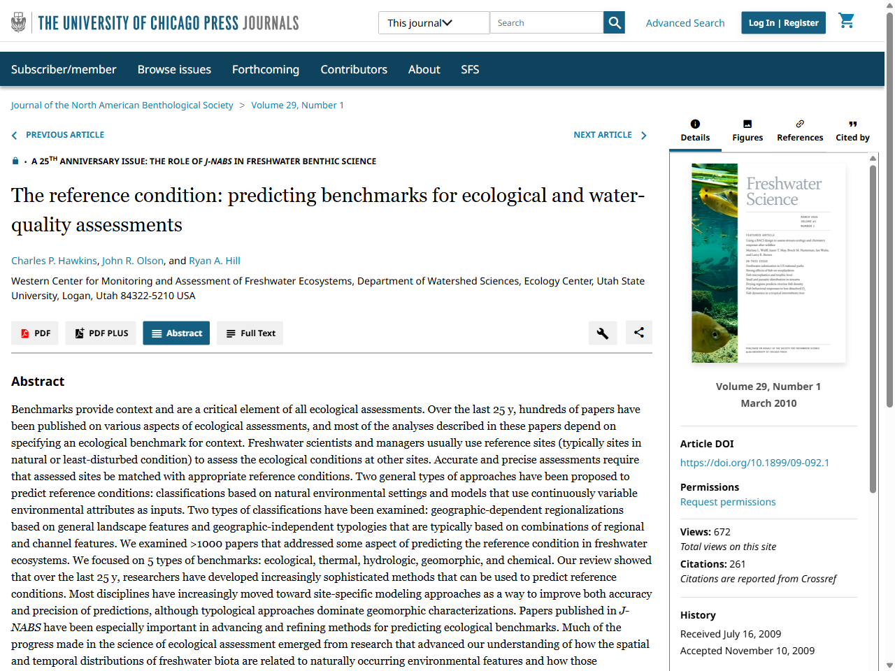 Preview of The reference condition: predicting benchmarks for ecological and water-quality assessments | Journal of the North American Benthological Society: Vol 29, No 1, accessed July 24, 2025,