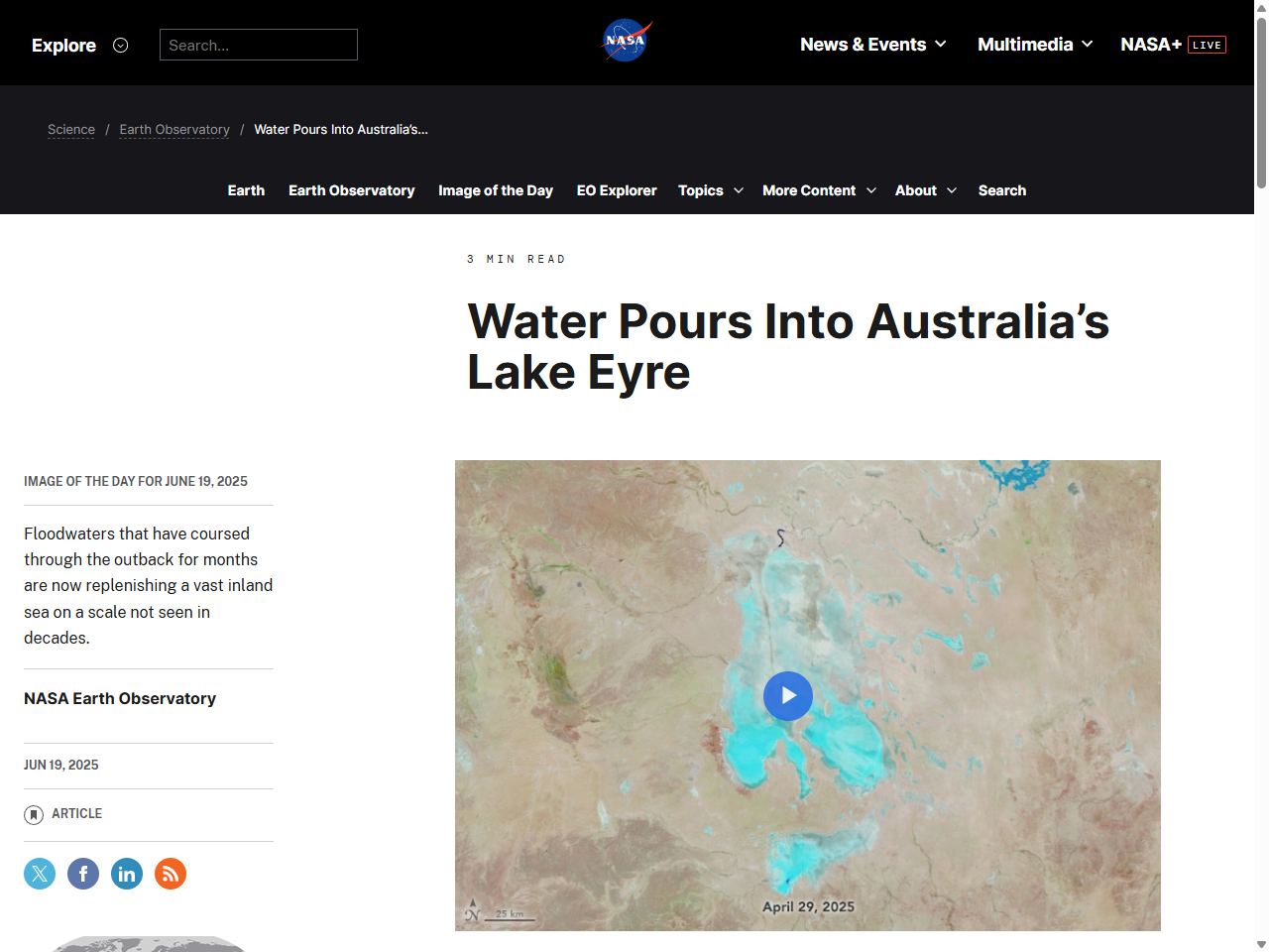 Preview of Water Pours Into Australia's Lake Eyre - NASA Earth Observatory