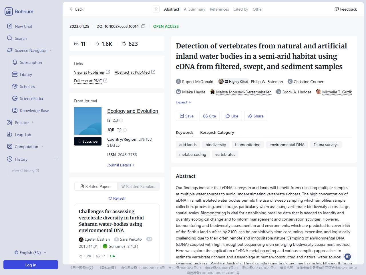 Preview of Detection of vertebrates from natural and artificial inland water bodies in a semi‐arid habitat using eDNA from filtered, swept, and sediment samples - Bohrium