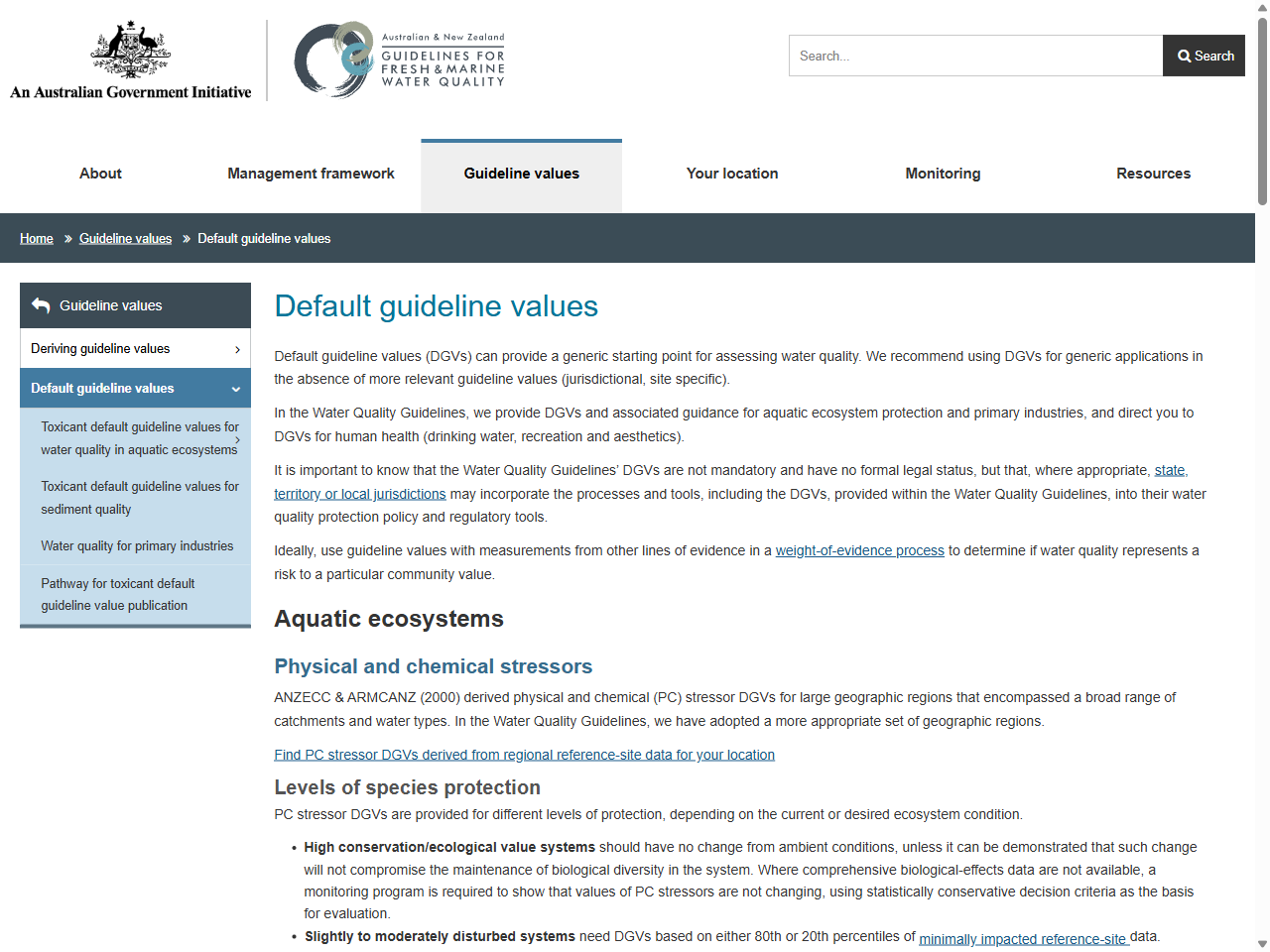 Preview of Default guideline values - Water Quality Australia, accessed August 12, 2025