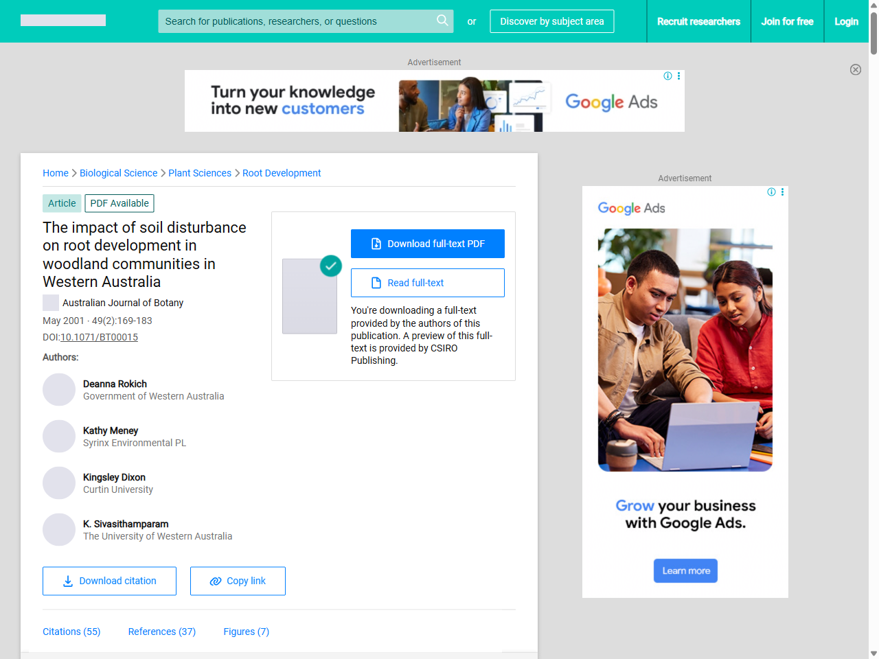 Preview of Rokich, D. P., Dixon, K. W., Sivasithamparam, K., & Meney, K. A. (2000). The impact of soil disturbance on root development in woodland communities in Western Australia. Australian Journal of Botany, 48(2), 169-183