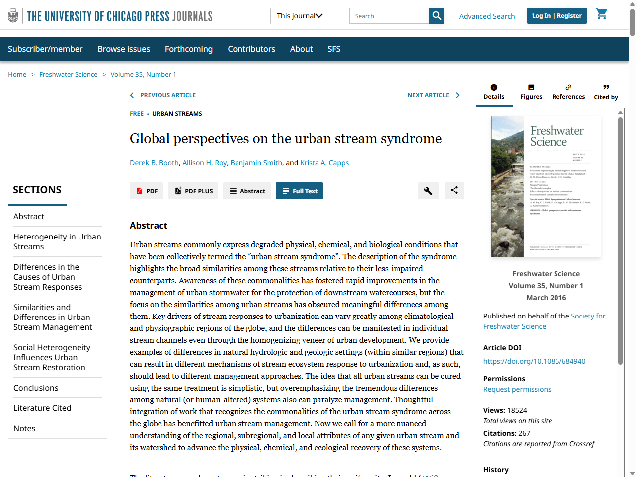 Preview of Global perspectives on the urban stream syndrome | Freshwater Science: Vol 35, No 1, accessed July 21, 2025