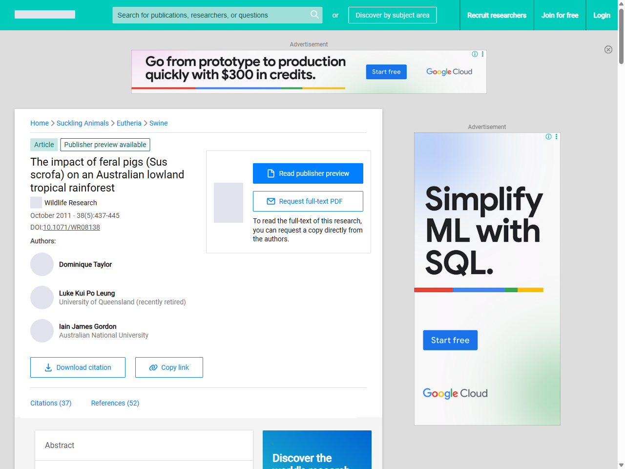 Preview of The impact of feral pigs (Sus scrofa) on an Australian lowland tropical rainforest, accessed July 30, 2025