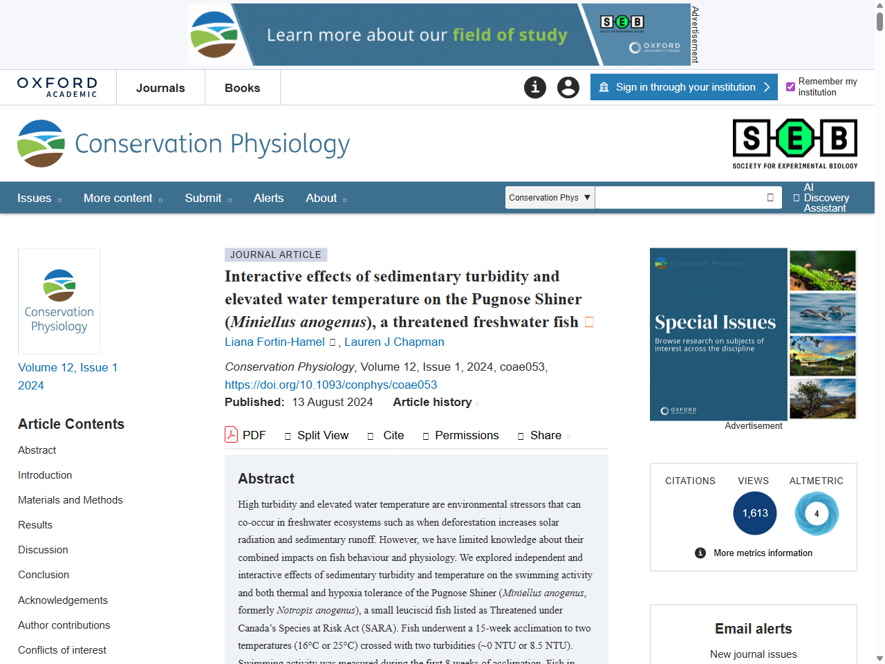 Preview of Interactive effects of sedimentary turbidity and elevated water temperature on the Pugnose Shiner (Miniellus anogenus), a threatened freshwater fish | Conservation Physiology | Oxford Academic