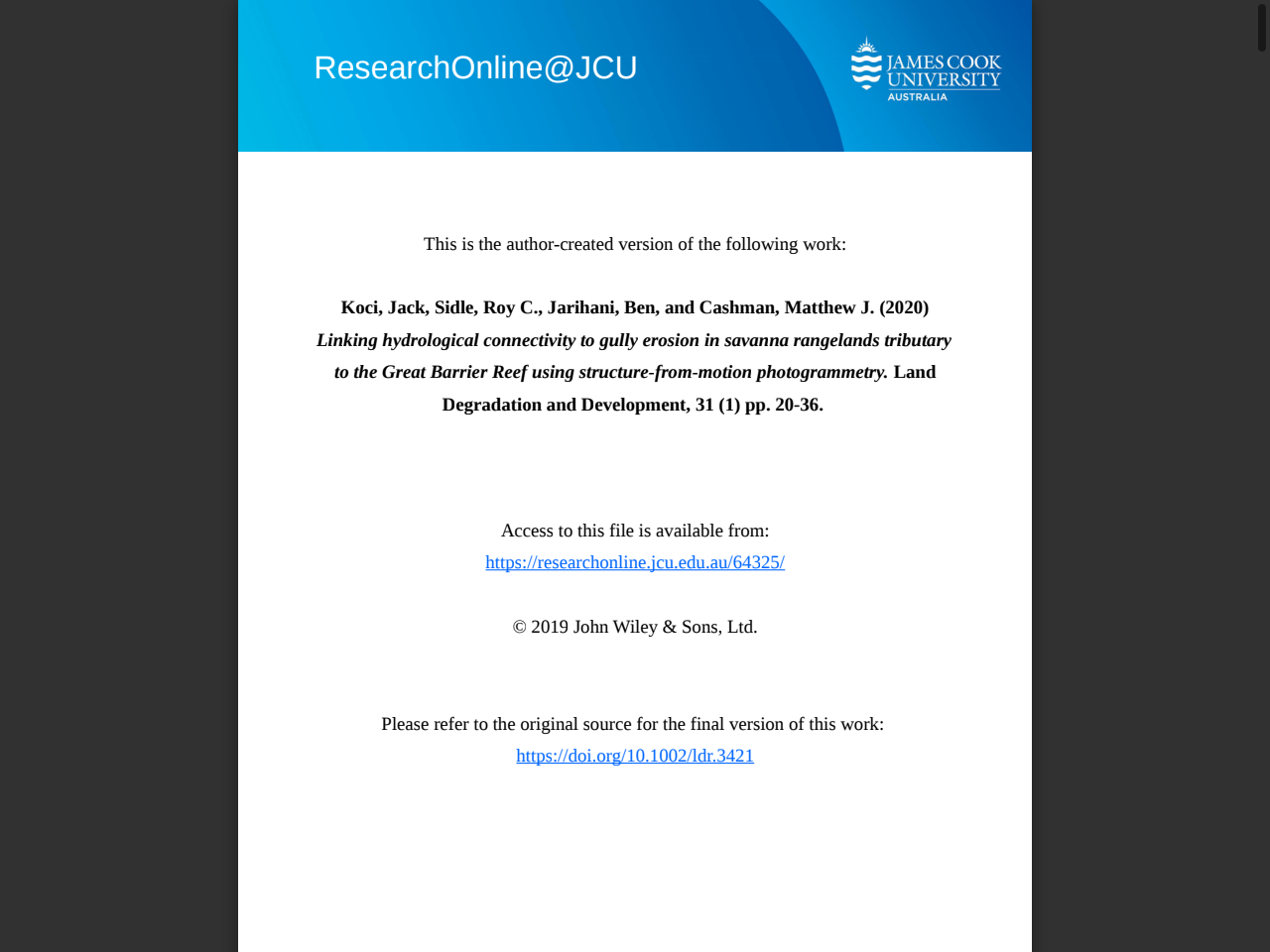 Preview of Linking hydrological connectivity to gully erosion in savanna rangelands tributary to the Great Barrier Reef using structure‐from - ResearchOnline@JCU, accessed May 14, 2025,
