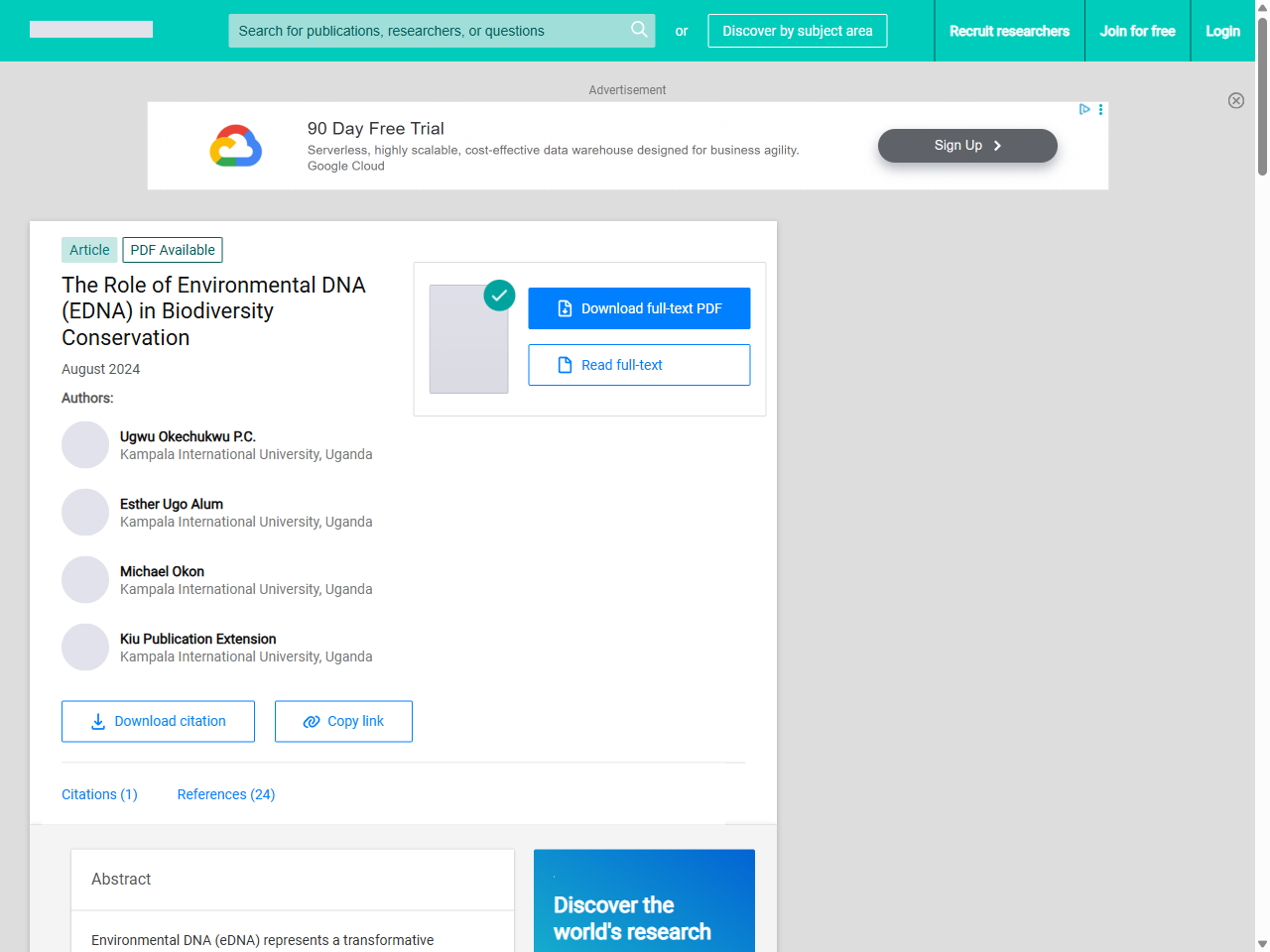 Preview of The Role of Environmental DNA (EDNA) in Biodiversity Conservation - ResearchGate, accessed August 4, 2025