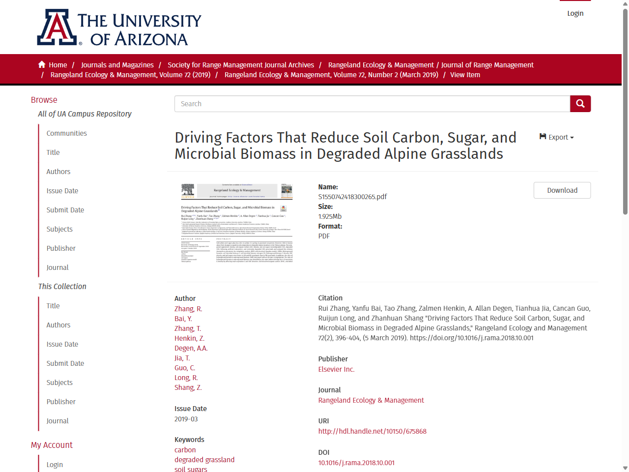 Preview of Driving Factors That Reduce Soil Carbon, Sugar, and Microbial Biomass in Degraded Alpine Grasslands - UA Campus Repository, accessed August 28, 2025,