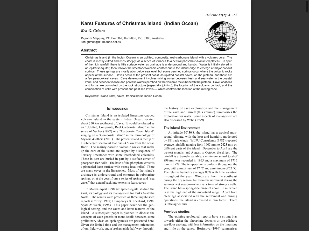 Preview of Karst Features of Christmas Island (Indian Ocean) - Helictite - Journal of Australasian Speleological Research, accessed July 25, 2025, 
