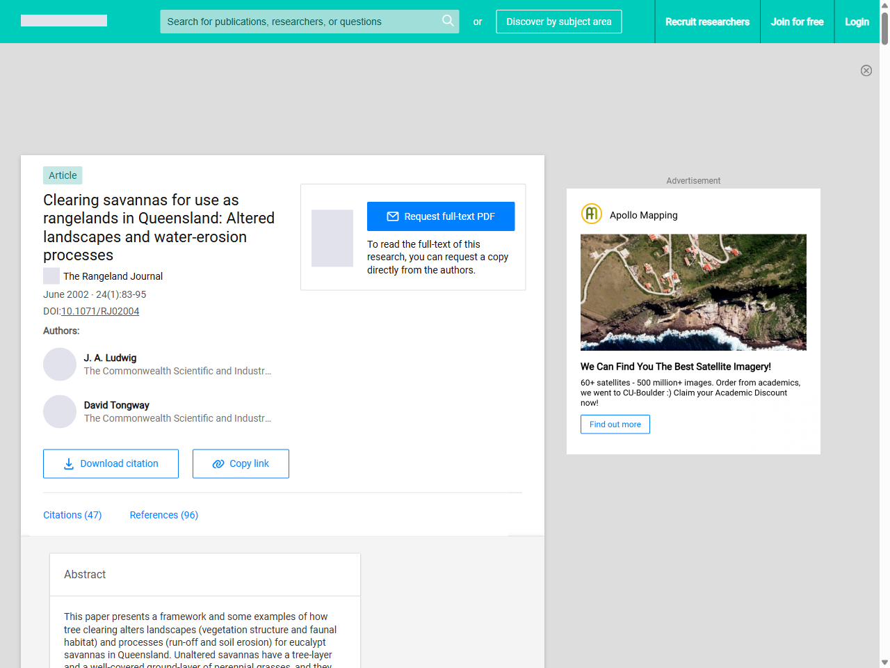 Preview of Karfs, R.A., Abbot, B.N., O'Reagain, P.J., et al. (2009). Land condition monitoring information for Reef catchments: A new era. The Rangeland Journal, 31(1), 91-104.