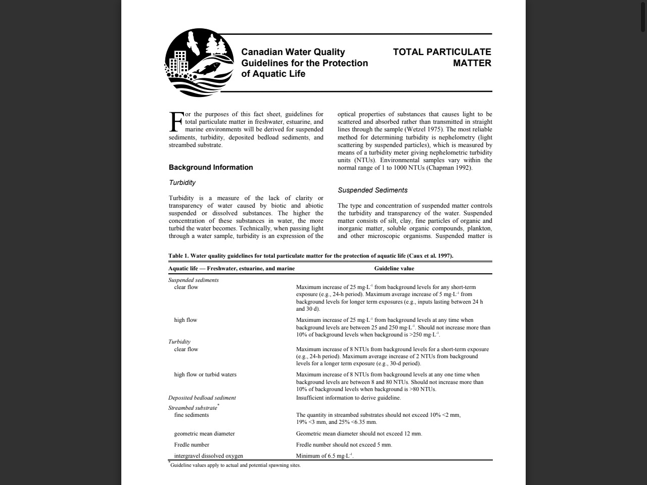 Preview of Canadian Water Quality Guidelines for the Protection of Aquatic Life - Total Particulate Matter - CCME, accessed August 10, 2025