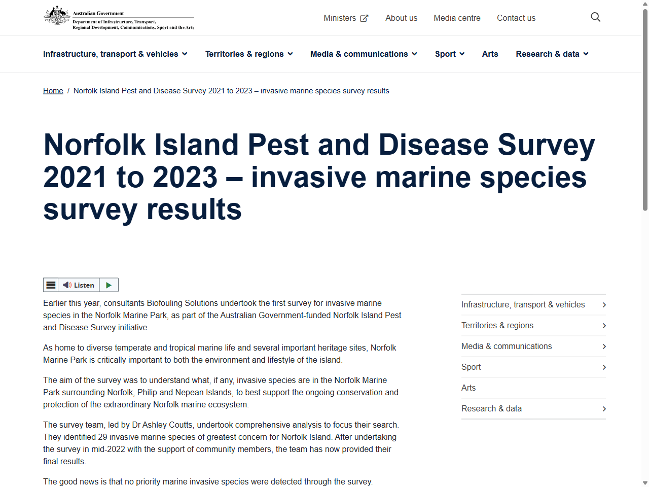 Preview of Norfolk Island Pest and Disease Survey 2021 to 2023 – invasive marine species survey results - Department of Infrastructure, Transport, Regional Development and Communications, accessed August 2, 2025,