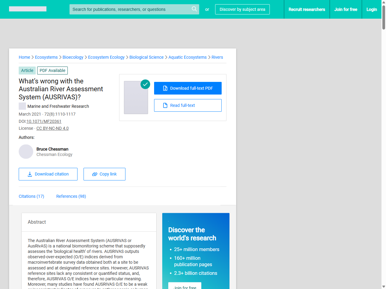 Preview of (PDF) What's wrong with the Australian River Assessment System (AUSRIVAS)? - ResearchGate