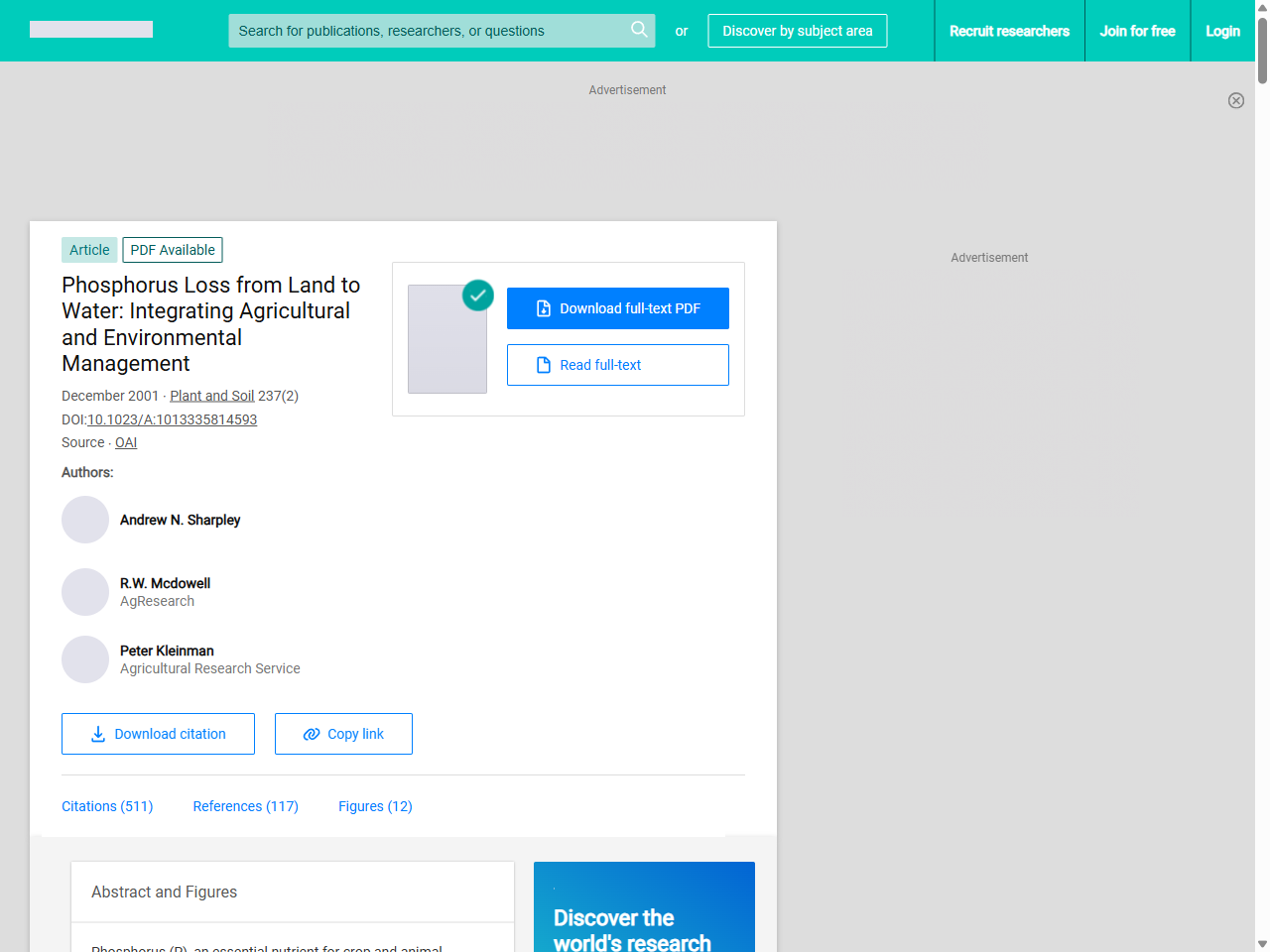 Preview of Phosphorus Loss from Land to Water: Integrating Agricultural and Environmental Management - ResearchGate