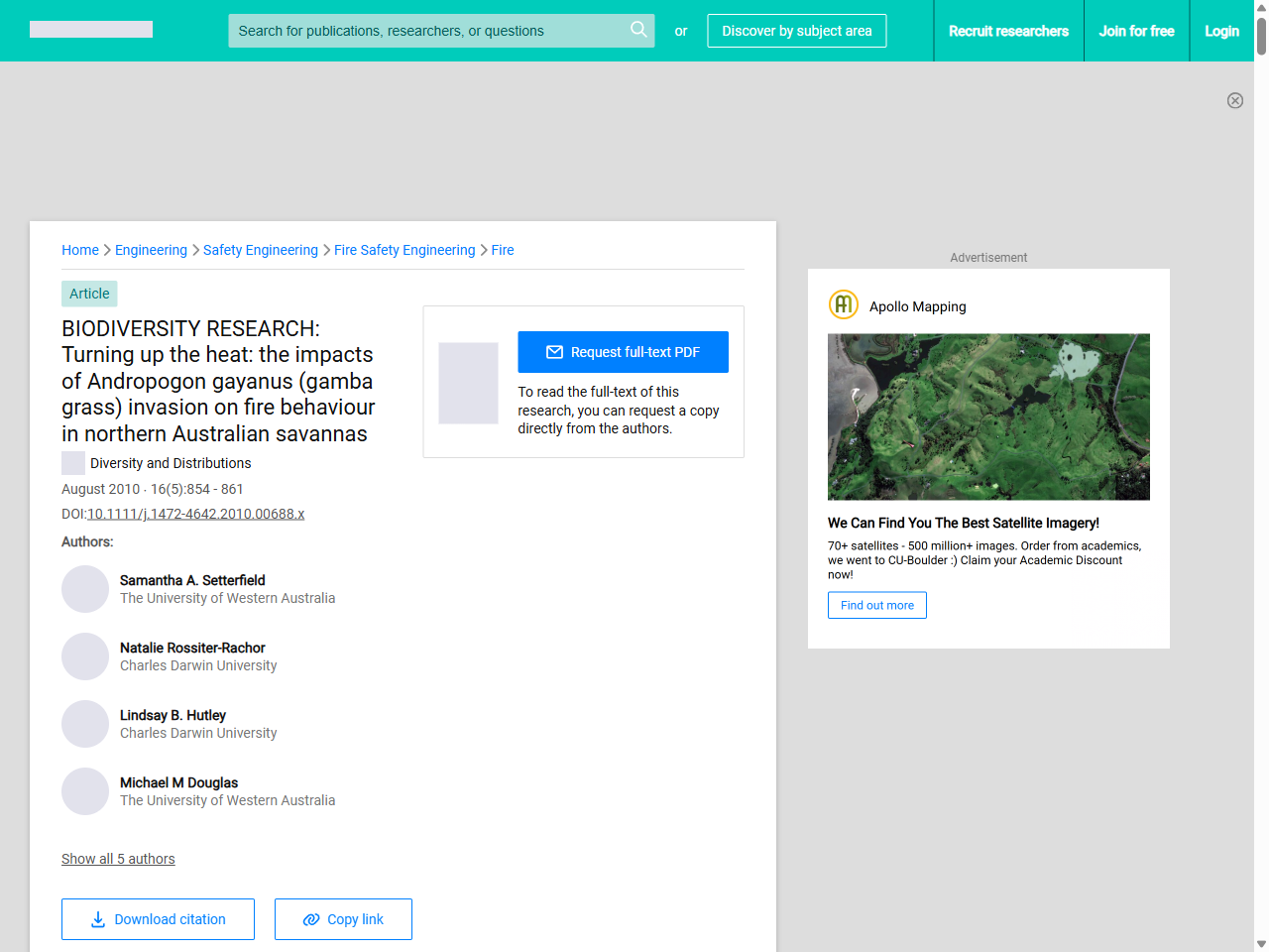 Preview of BIODIVERSITY RESEARCH: Turning up the heat: the impacts of Andropogon gayanus (gamba grass) invasion on fire behaviour in northern Australian savannas | Request PDF - ResearchGate