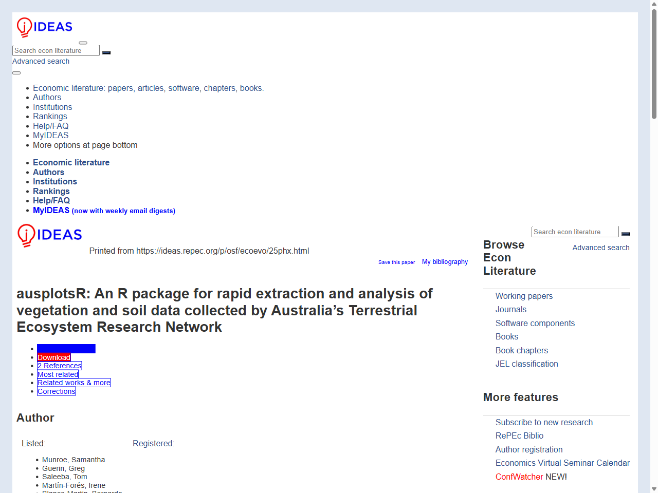 Preview of ausplotsR: An R package for rapid extraction and analysis of vegetation and soil data collected by Australia's Terrestrial Ecosystem Research Network - IDEAS/RePEc, accessed July 15, 2025