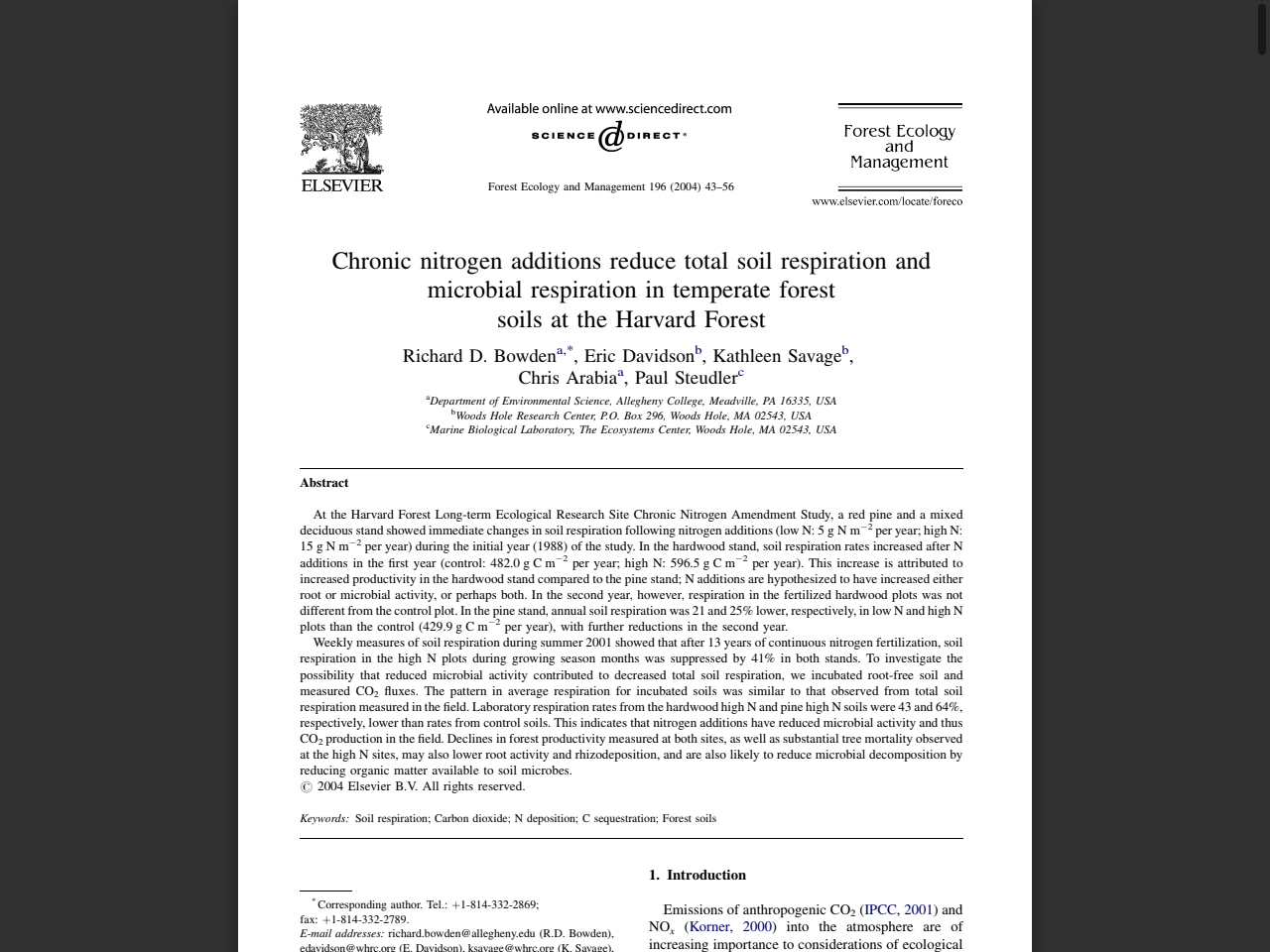 Preview of Chronic nitrogen additions reduce total soil respiration and microbial respiration in temperate forest soils at the Harvard Fore