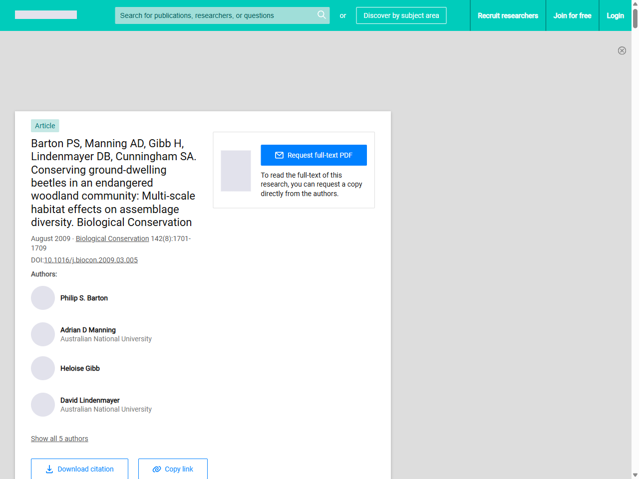 Preview of Barton PS, Manning AD, Gibb H, Lindenmayer DB, Cunningham SA. Conserving ground-dwelling beetles in an endangered woodland community: Multi-scale habitat effects on assemblage diversity. Biological Conservation - ResearchGate, accessed July 15, 2025,