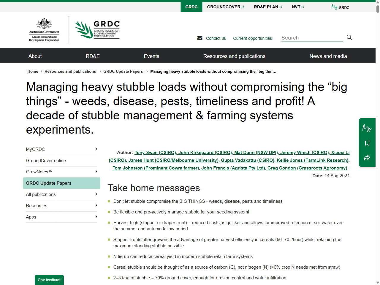 Preview of Managing heavy stubble loads without compromising the big things (weeds, disease, pests, timeliness and profit!) - a decade of stubble management and farming systems experiments