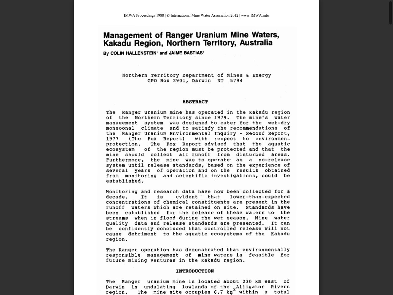 Preview of Management of Ranger Uranium Mine Waters, Kakadu Region, Northern Territory, Australia, accessed July 21, 2025,