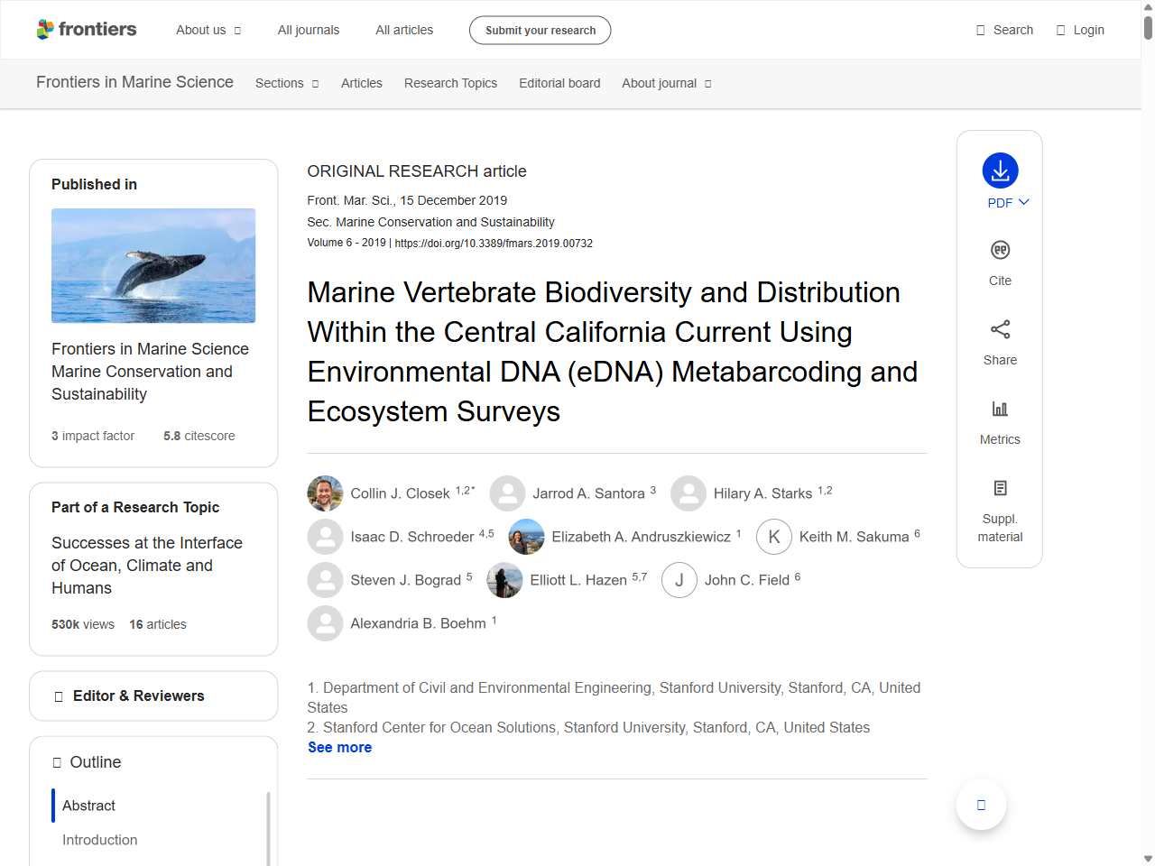 Preview of Marine Vertebrate Biodiversity and Distribution Within the Central California Current Using Environmental DNA (eDNA) Metabarcoding and Ecosystem Surveys - Frontiers