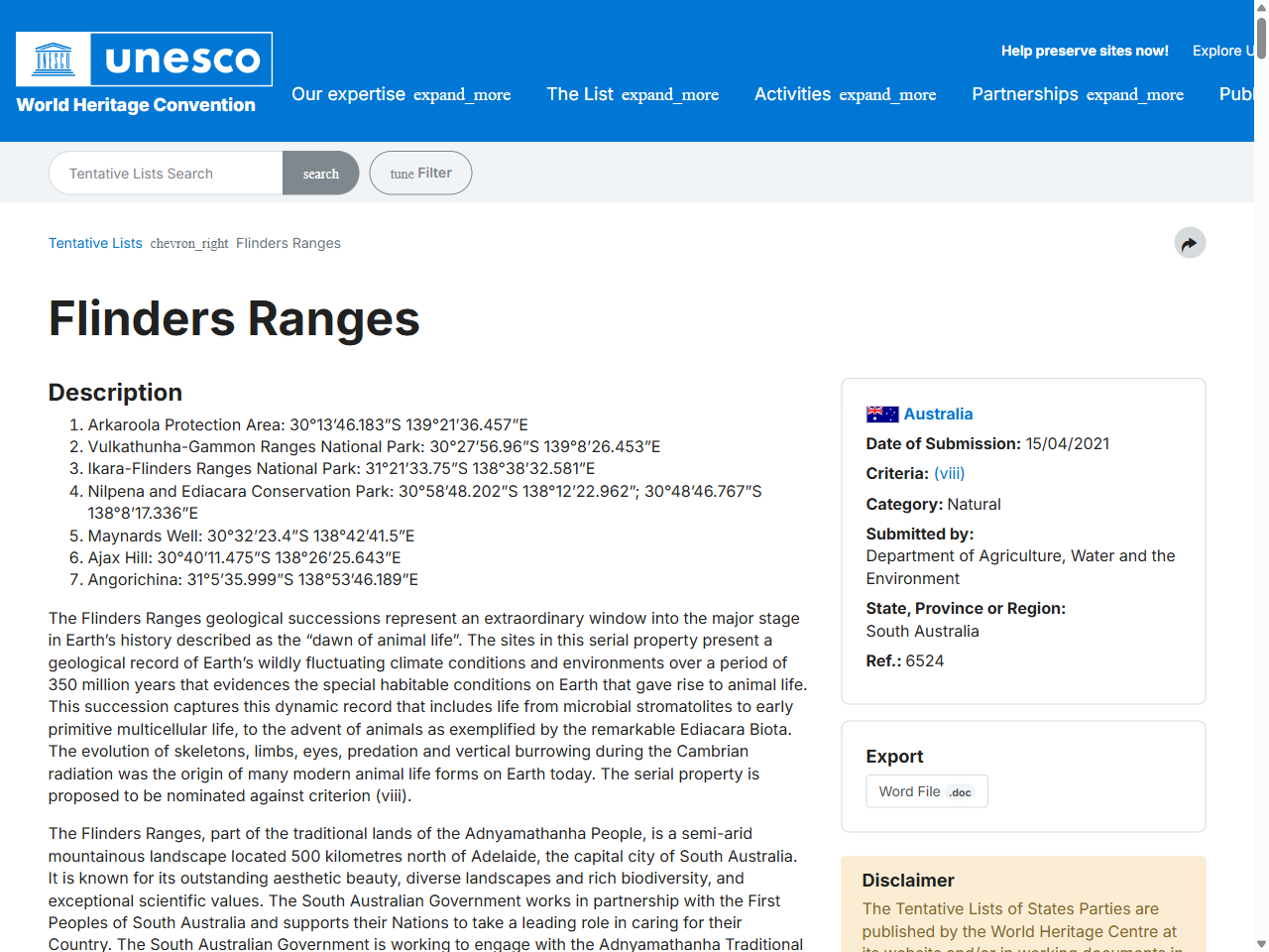 Preview of Flinders Ranges - UNESCO World Heritage Centre, accessed July 29, 2025,