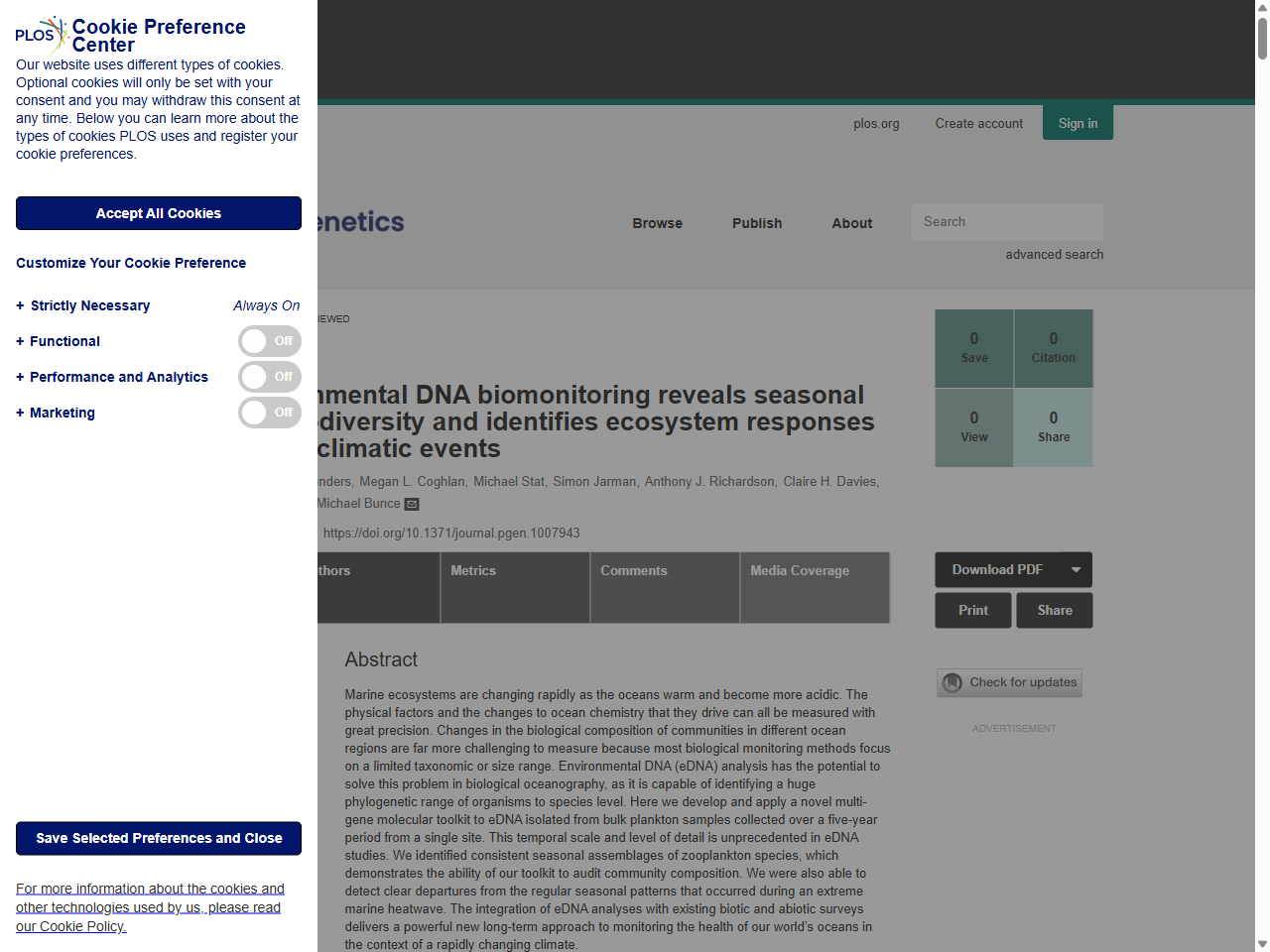 Preview of Marine environmental DNA biomonitoring reveals seasonal patterns in biodiversity and identifies ecosystem responses to anomalous climatic events - Our journal portfolio - PLOS